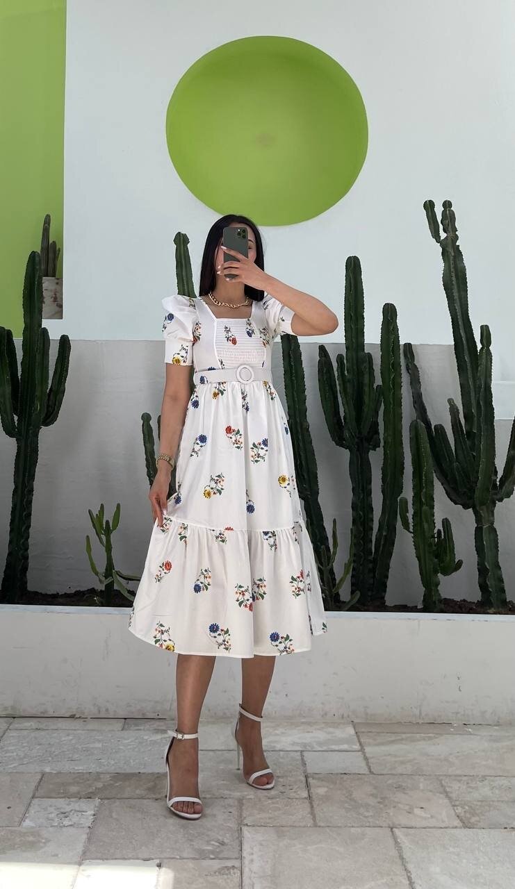 3007-ÇİÇEK DESEN KEMERLİ ELBİSE