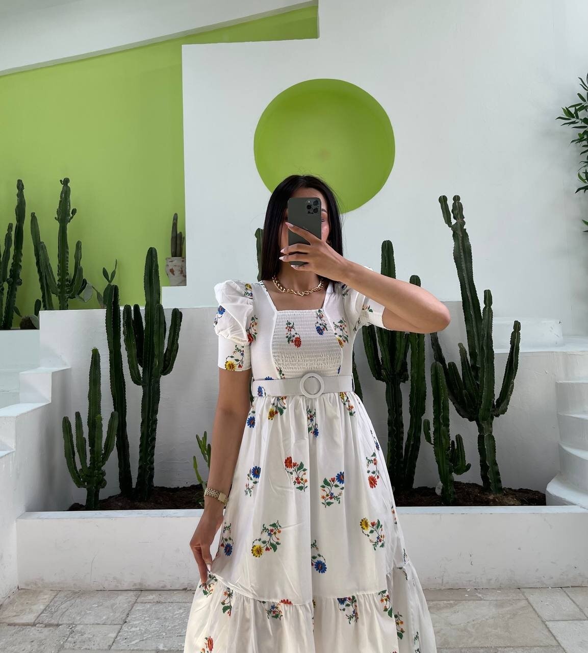 3007-ÇİÇEK DESEN KEMERLİ ELBİSE