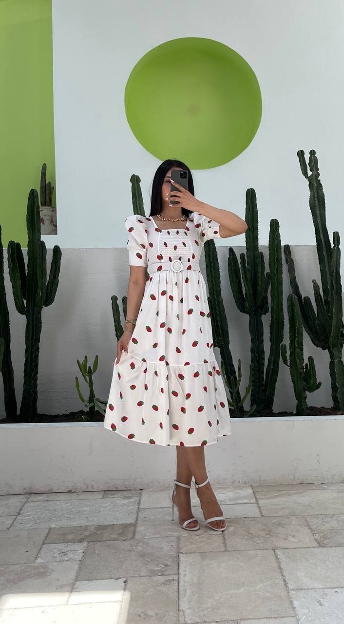 3007-ÇİLEK DESEN KEMERLİ ELBİSE