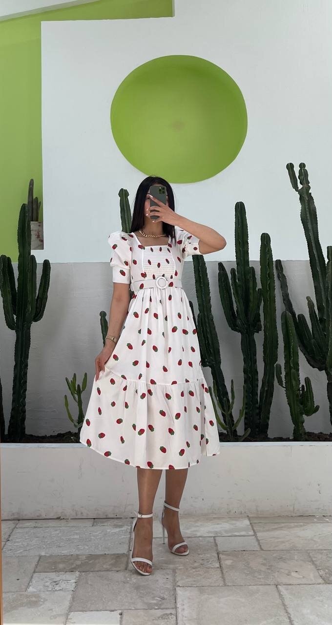 3007-ÇİLEK DESEN KEMERLİ ELBİSE