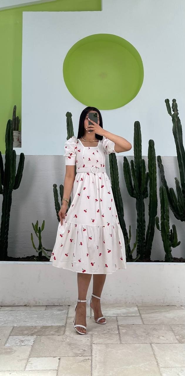 3007-KİRAZ DESEN KEMERLİ ELBİSE