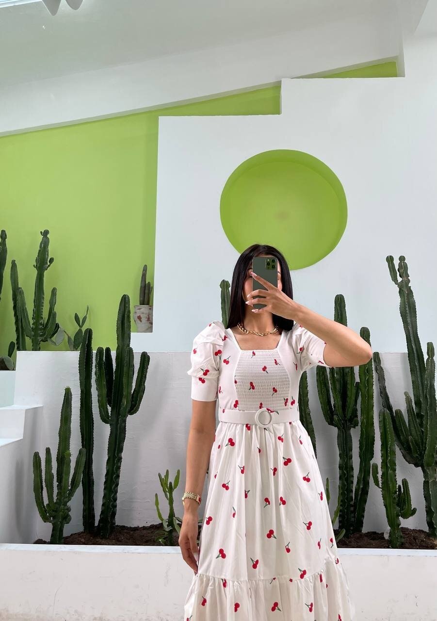 3007-KİRAZ DESEN KEMERLİ ELBİSE