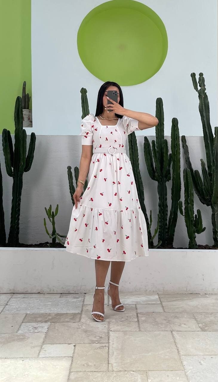 3007-KİRAZ DESEN KEMERLİ ELBİSE