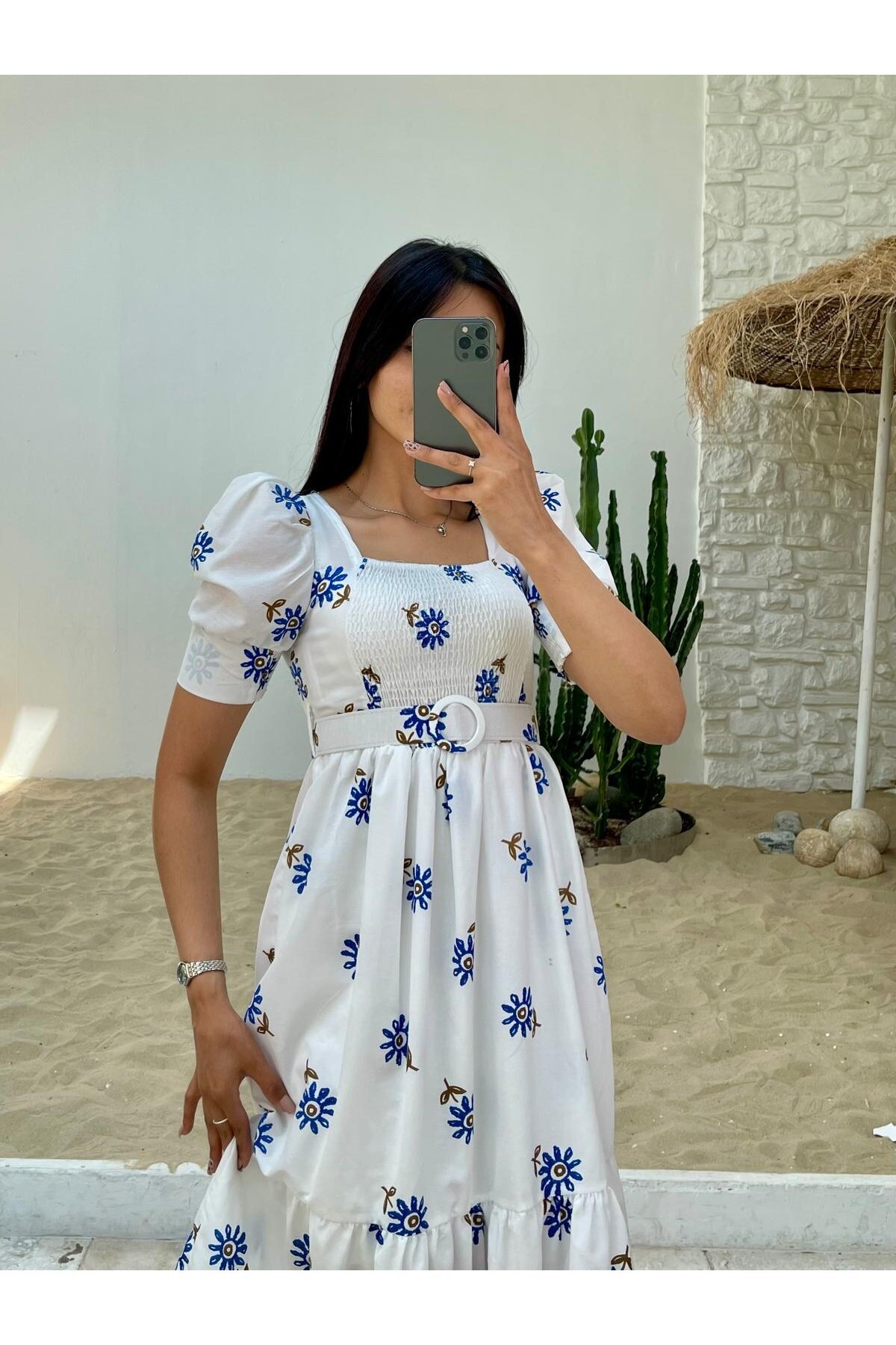 3007-ÇİÇEK DESEN KEMERLİ ELBİSE