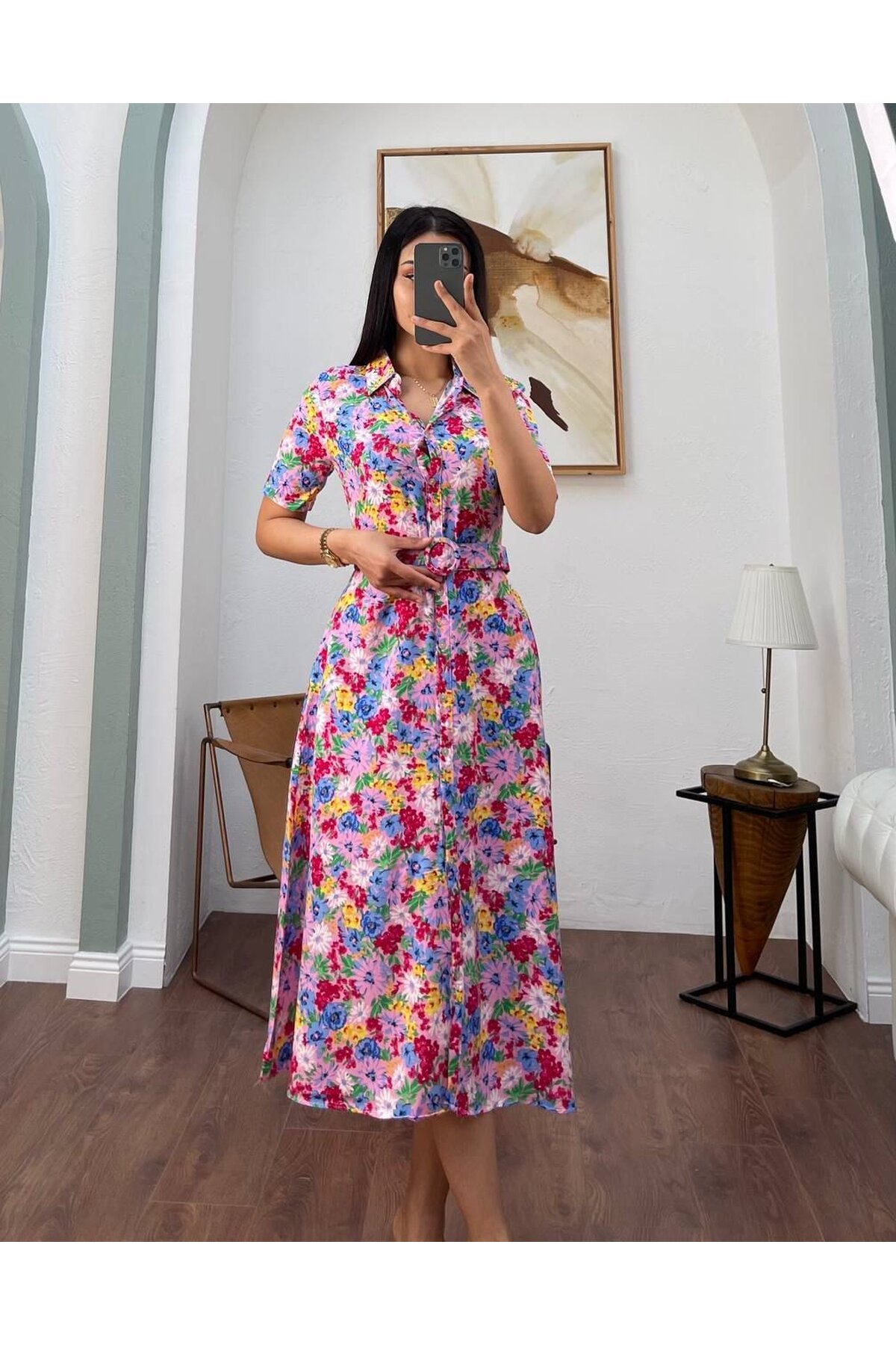 3008-PEMBE KISA KOL GÖMLEK ELBİSE