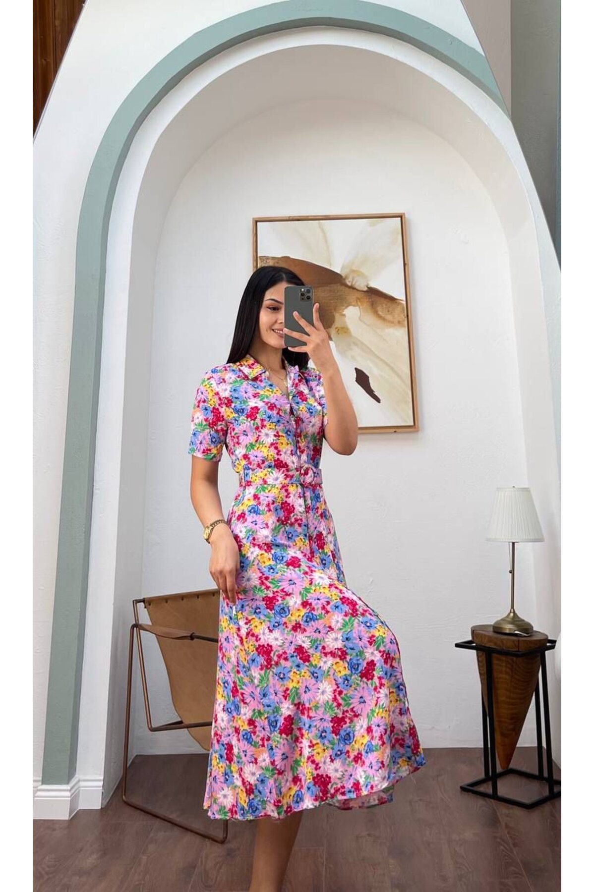 3008-PEMBE KISA KOL GÖMLEK ELBİSE