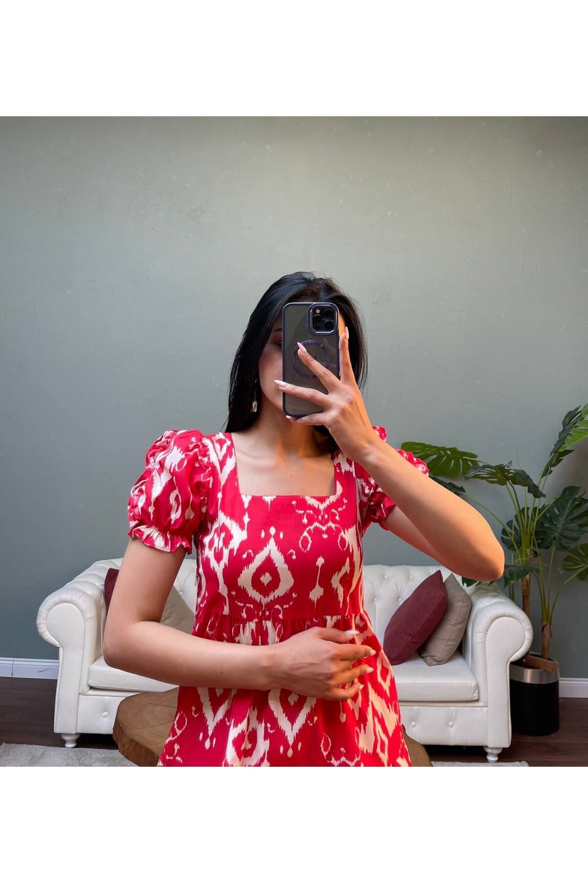 3018-KIRMIZI KOLLARI BÜZGÜLÜ POPLİN ELBİSE