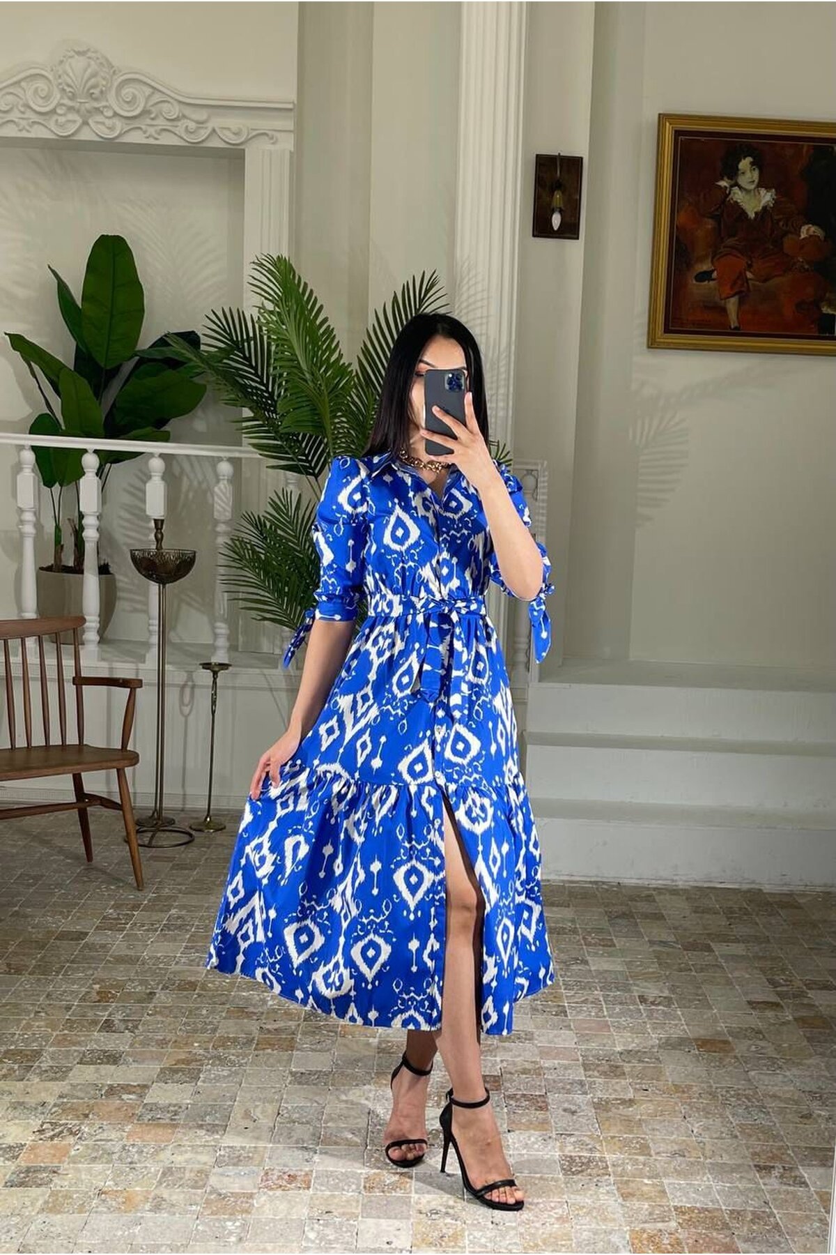 3026-SAKS GÖMLEK YAKA KOL BÜZGÜ KISA KOL ELBİSE