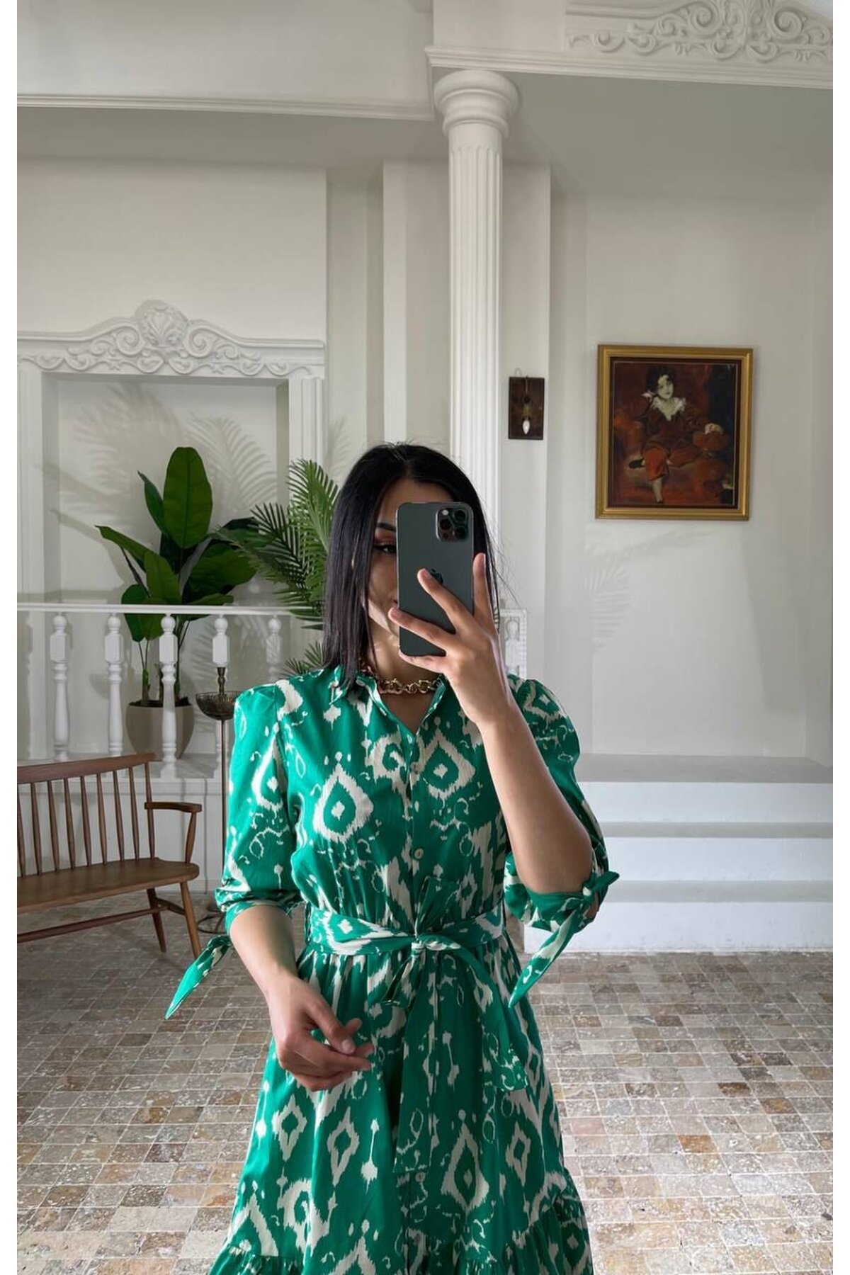 3026-YEŞİL GÖMLEK YAKA KOL BÜZGÜ KISA KOL ELBİSE