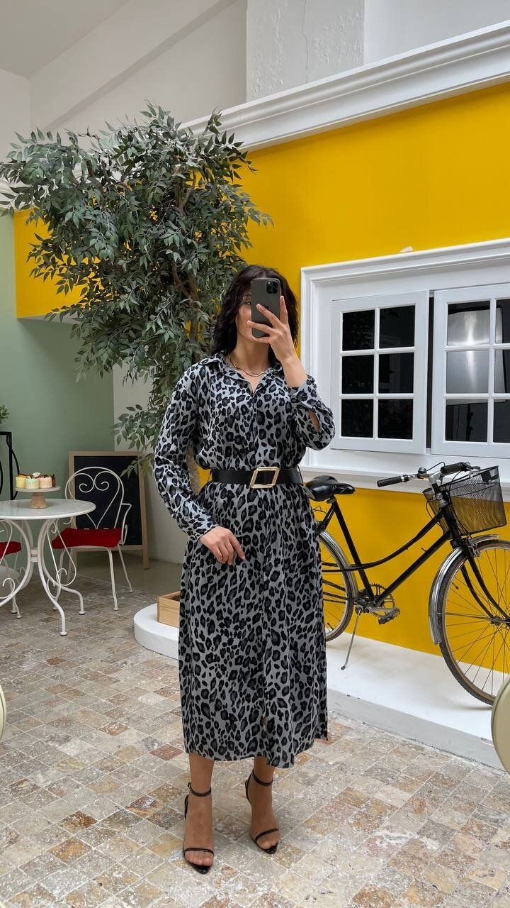 3034-LEOPAR GRİ GÖMLEK ELBİSE