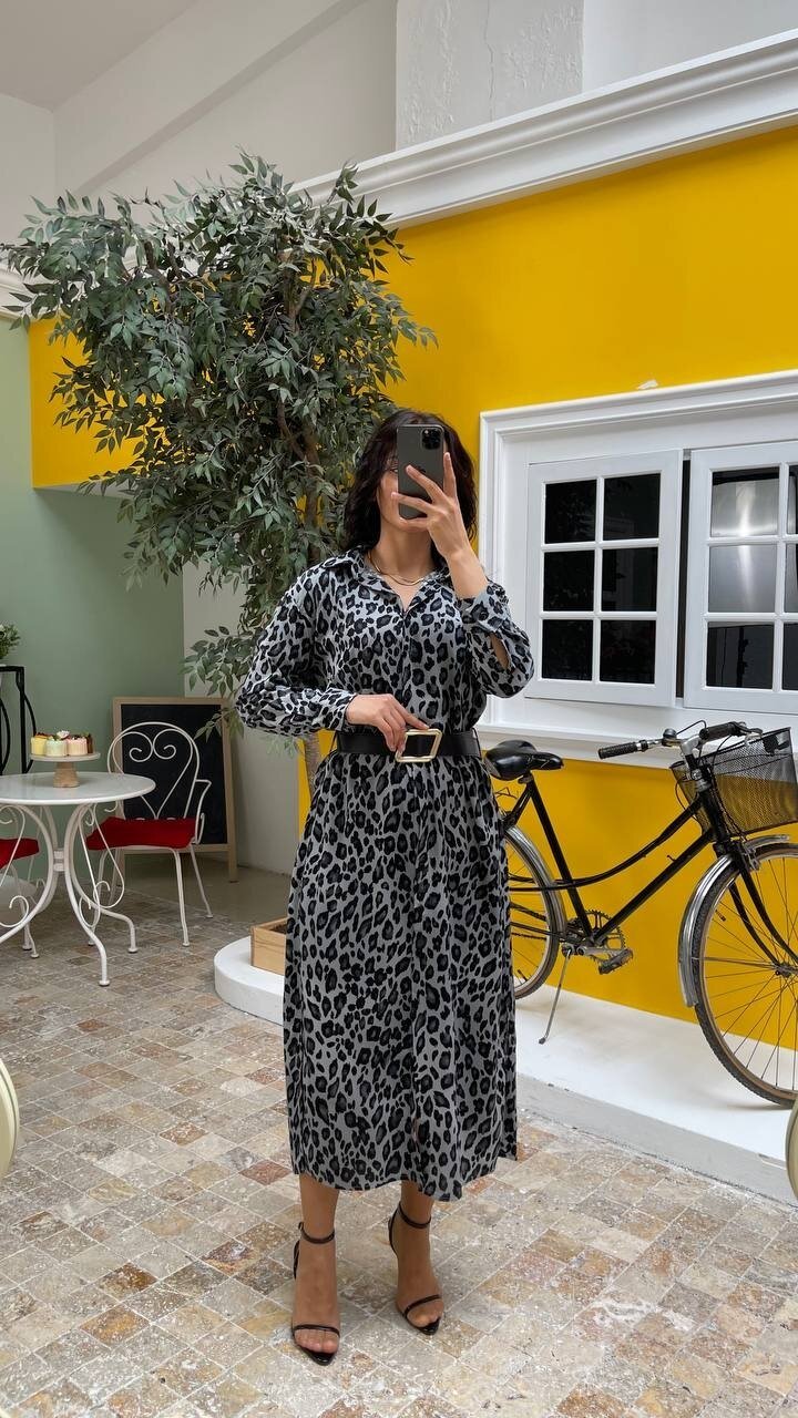 3034-LEOPAR GRİ GÖMLEK ELBİSE