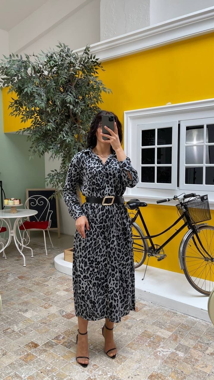 3034-LEOPAR GRİ GÖMLEK ELBİSE