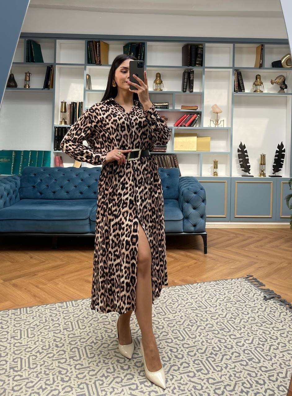 3034-LEOPAR BEJ GÖMLEK ELBİSE