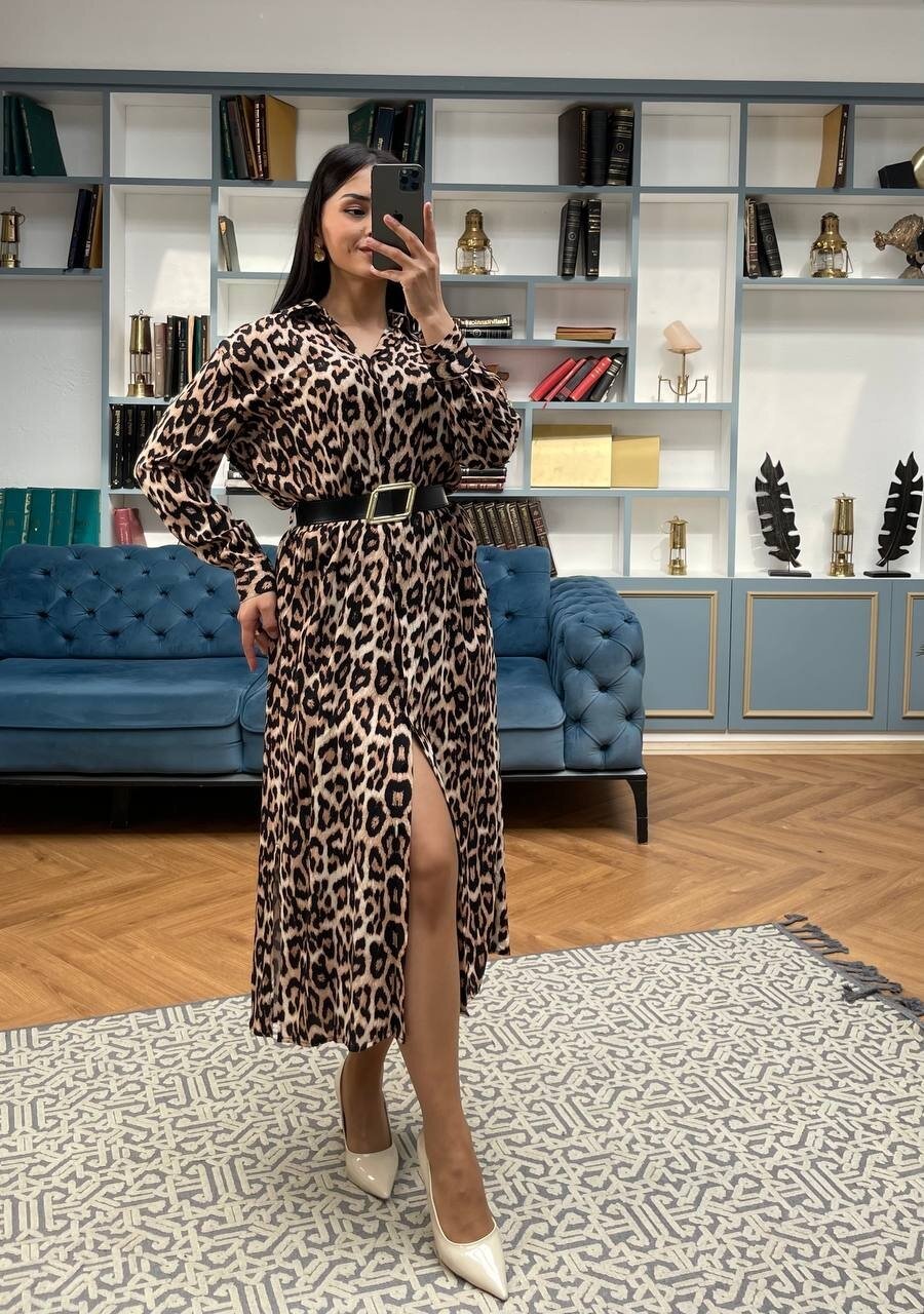 3034-LEOPAR BEJ GÖMLEK ELBİSE