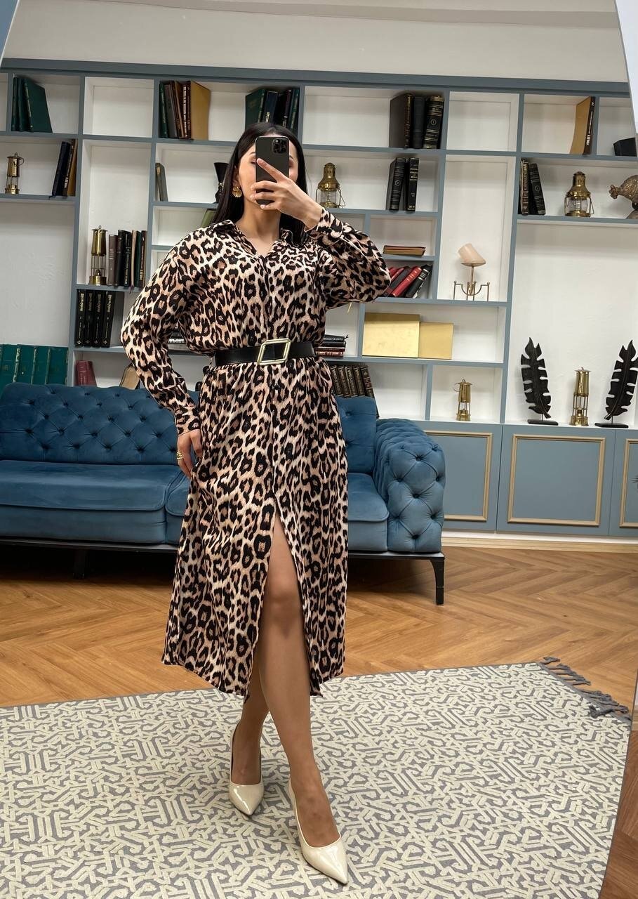 3034-LEOPAR BEJ GÖMLEK ELBİSE