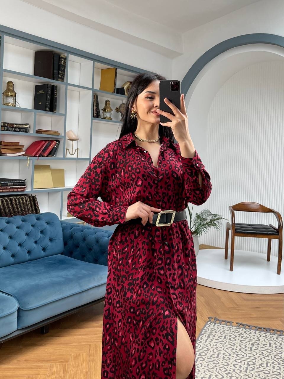 3034-LEOPAR KIRMIZI GÖMLEK ELBİSE