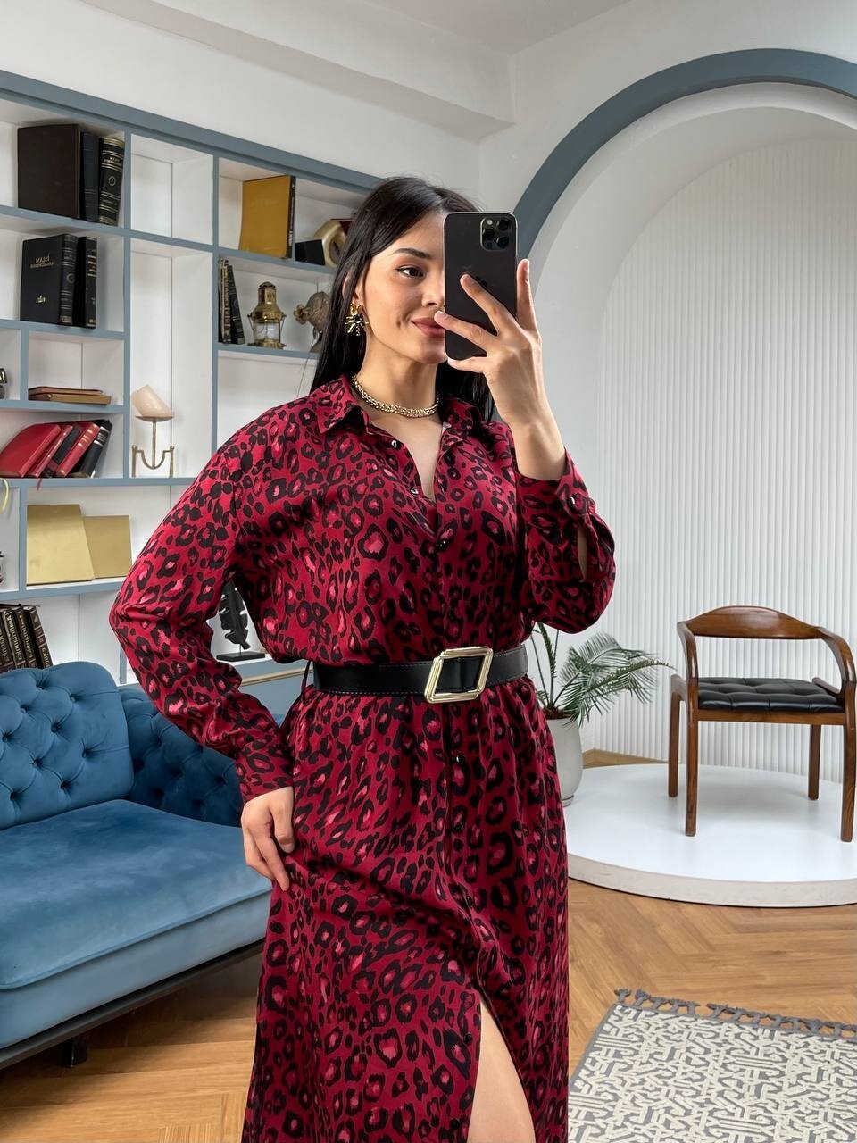 3034-LEOPAR KIRMIZI GÖMLEK ELBİSE