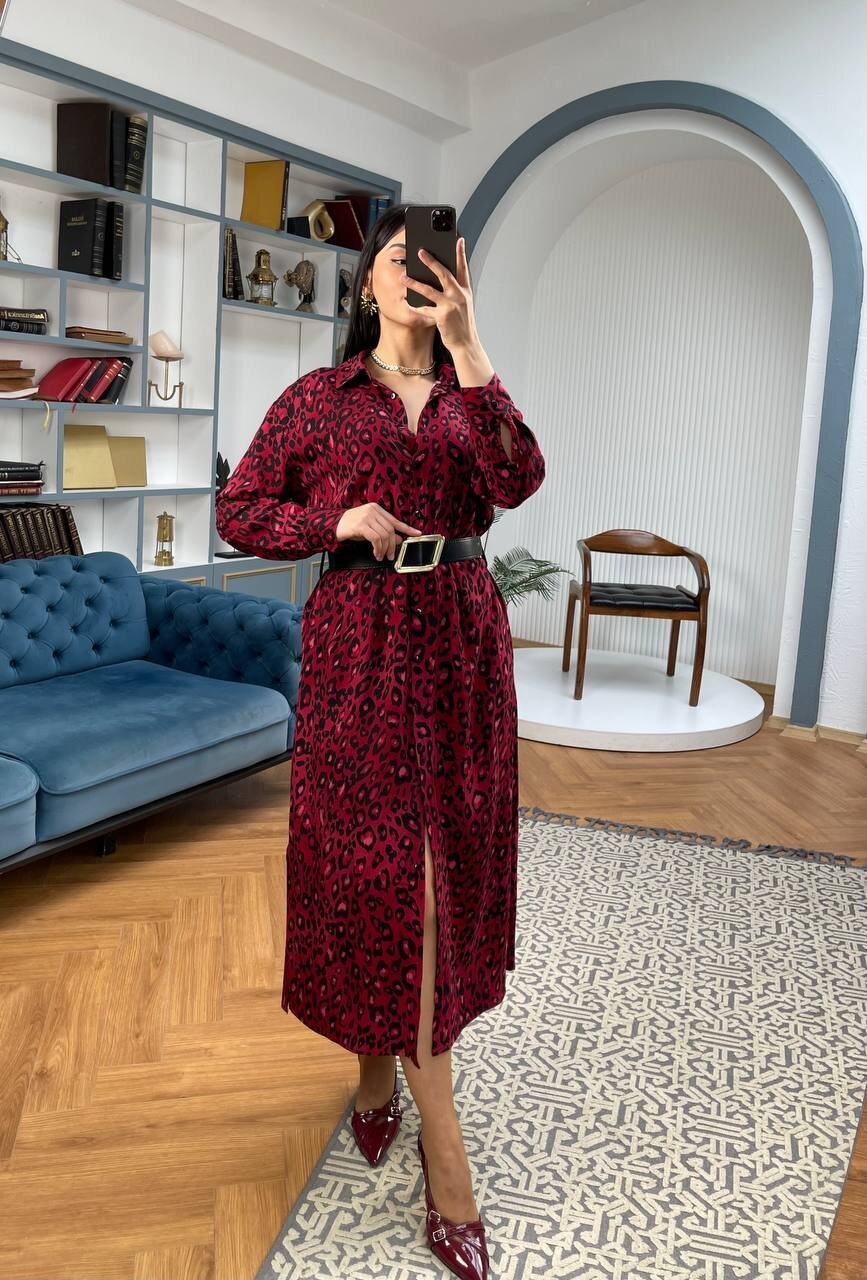 3034-LEOPAR KIRMIZI GÖMLEK ELBİSE