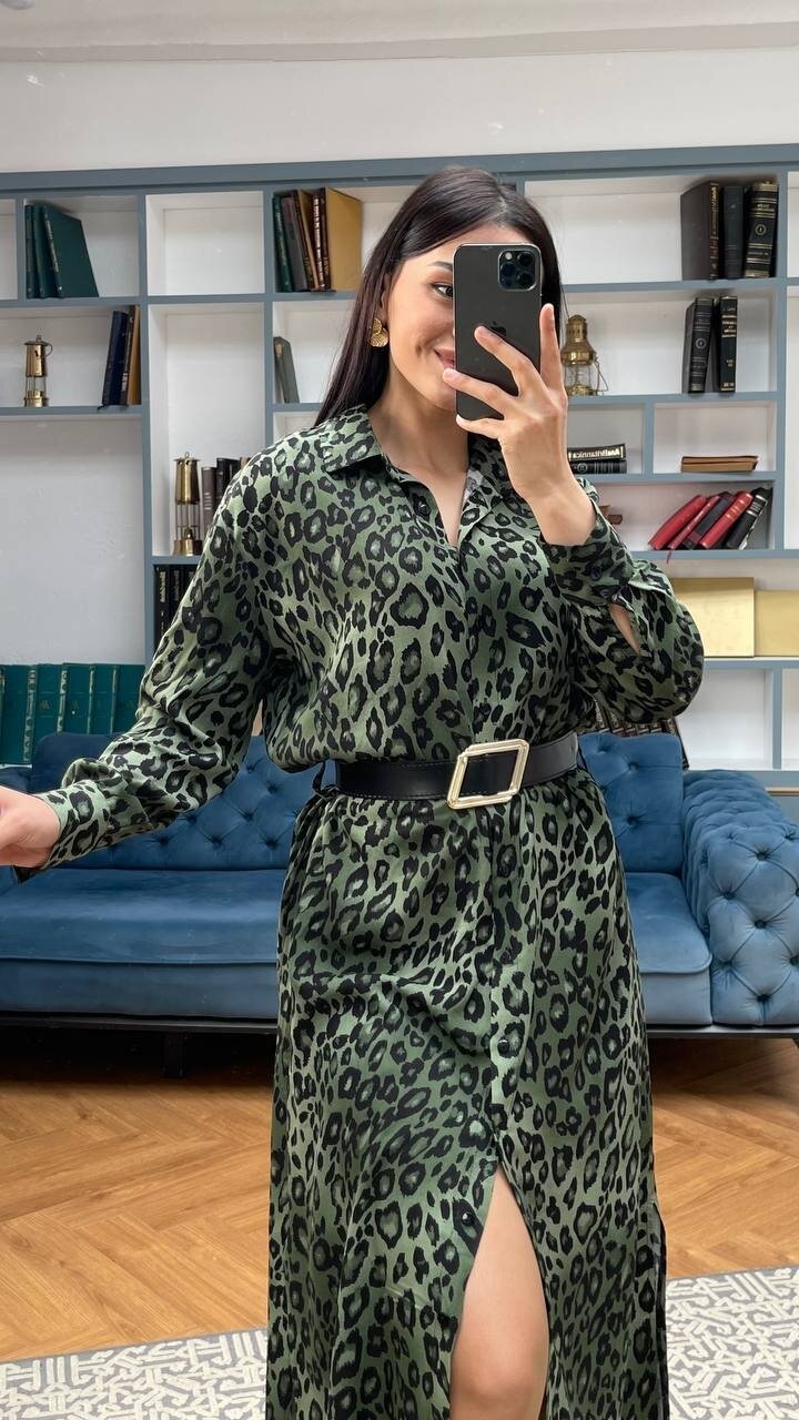 3034-LEOPAR YEŞİL GÖMLEK ELBİSE