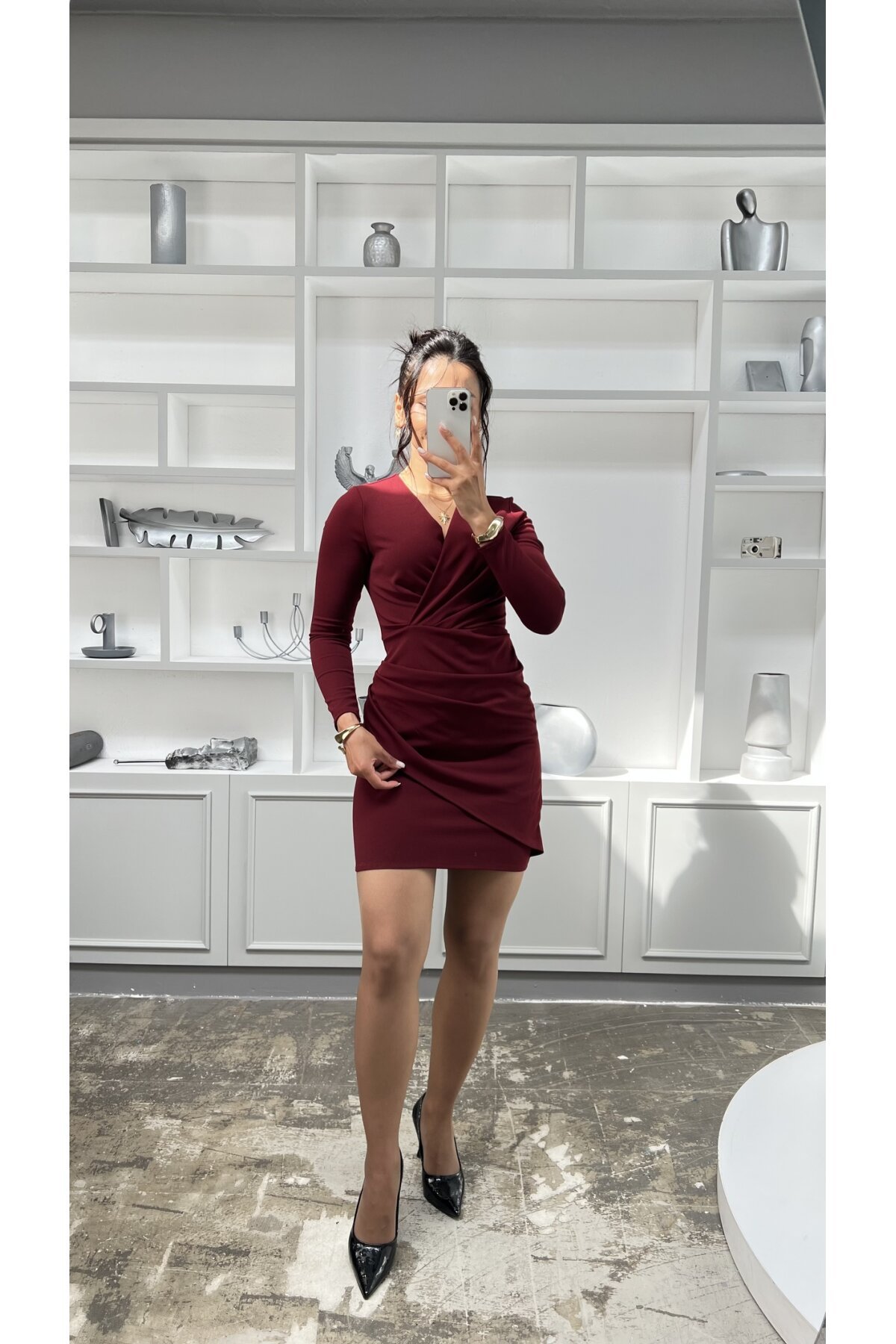 3037-BORDO KISA DRAPELİ KRUVAZE YAKA ELBİSE