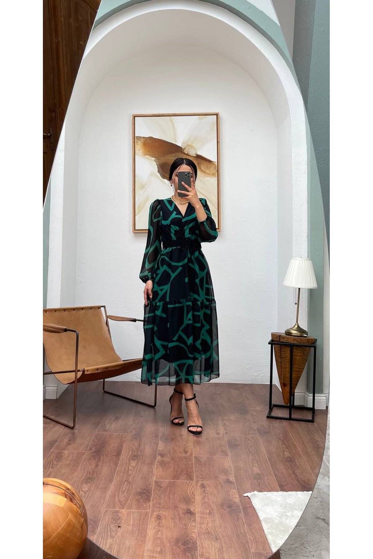 3048-SİYAH ŞİFON KRUVAZE YAKA ELBİSE