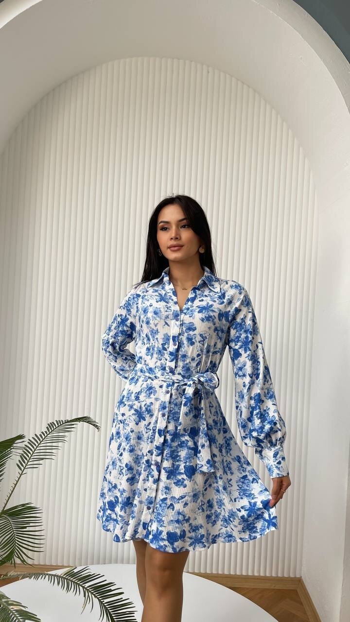 3057-MAVİ ÇİÇEKLİ KISA GÖMLEK EBİSE