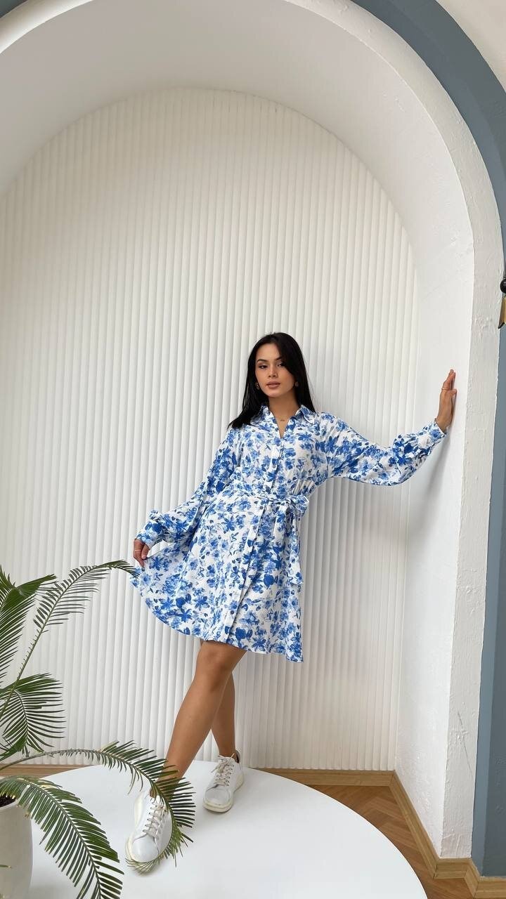 3057-MAVİ ÇİÇEKLİ KISA GÖMLEK EBİSE