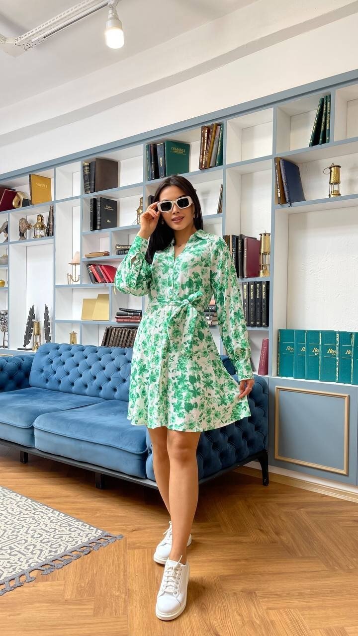 3057-YEŞİL ÇİÇEKLİ KISA GÖMLEK EBİSE