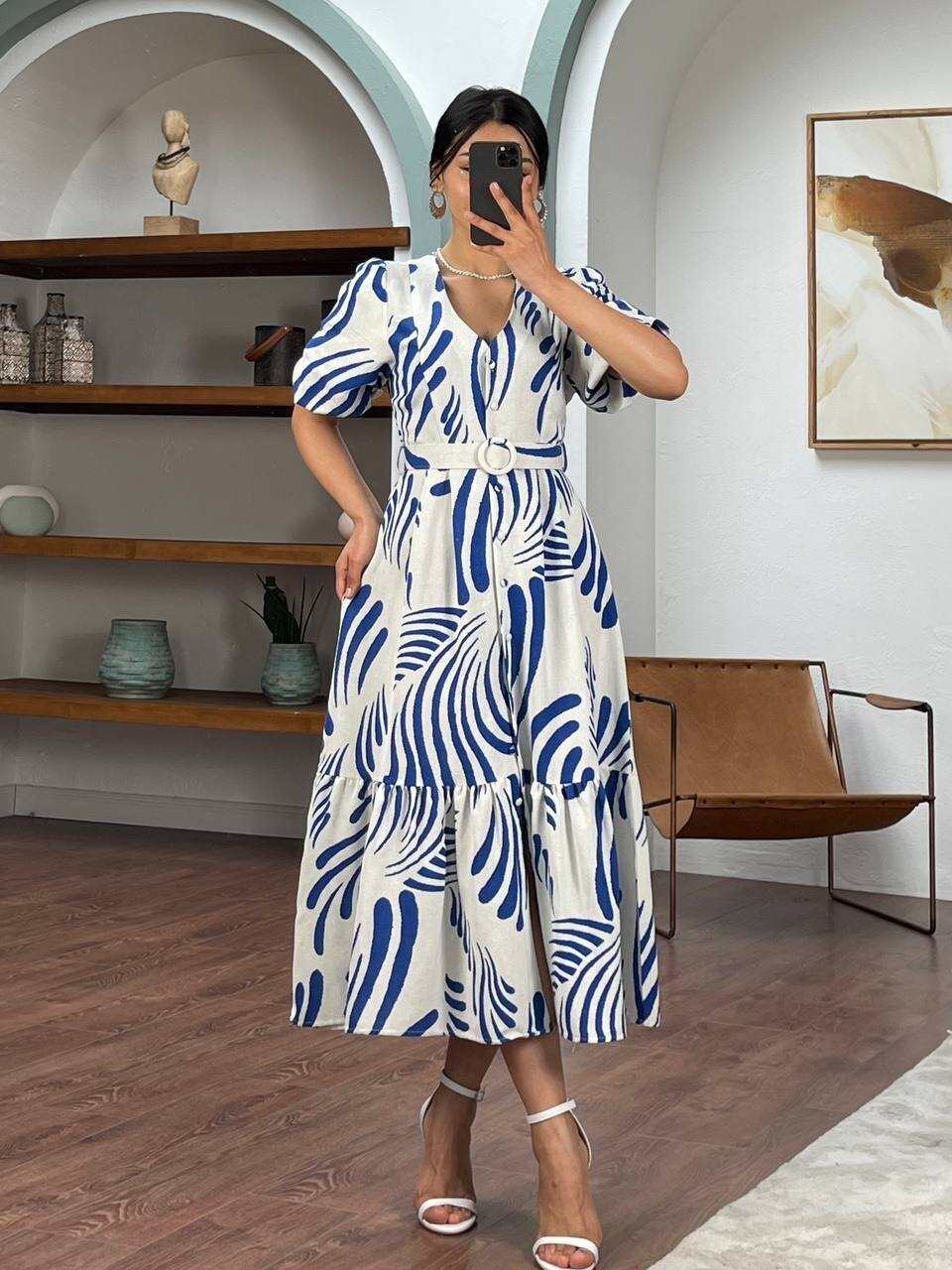 3061-MAVİ ÇİZGİLİ KEMERLİ ELBİSE