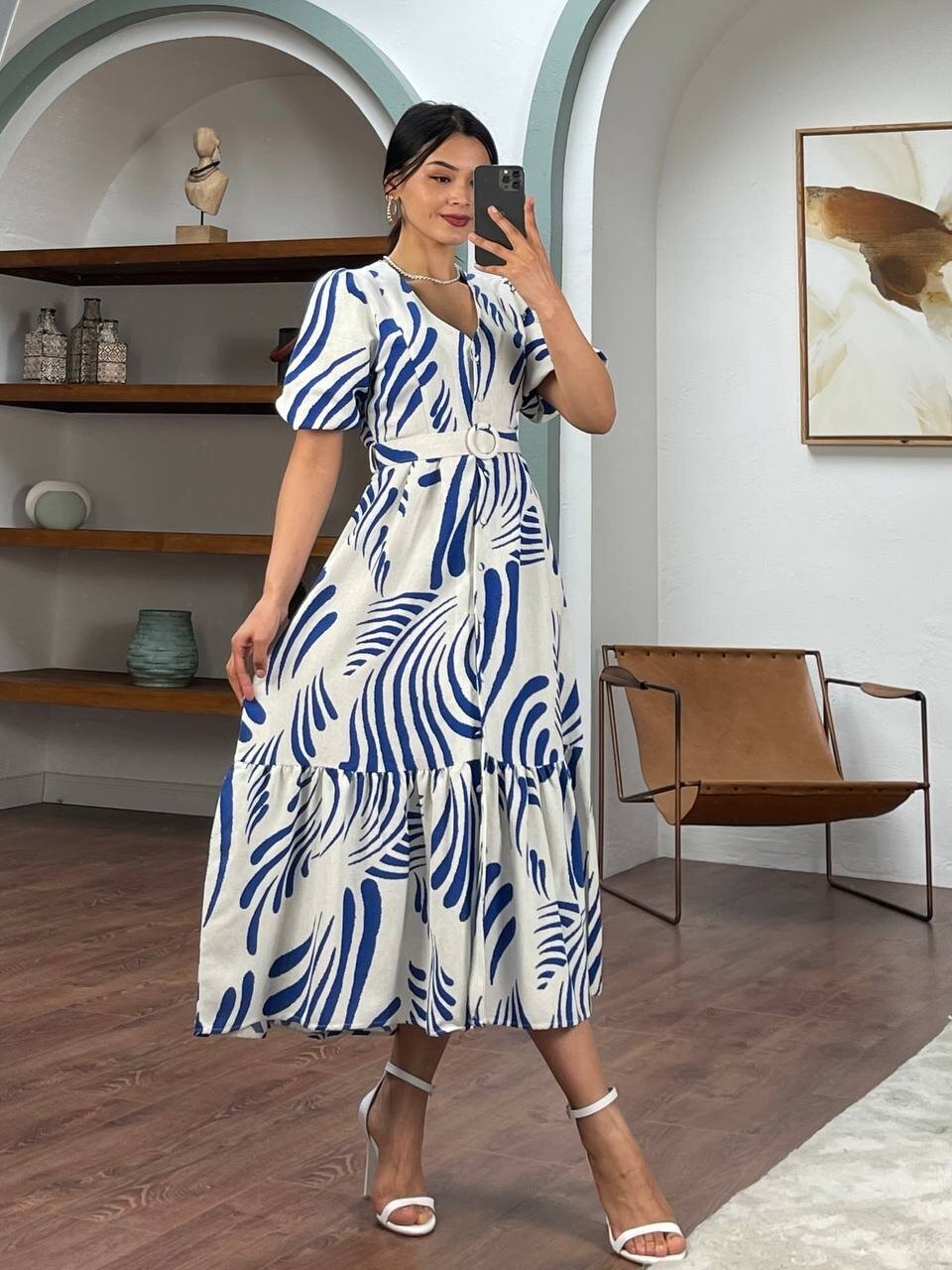 3061-MAVİ ÇİZGİLİ KEMERLİ ELBİSE