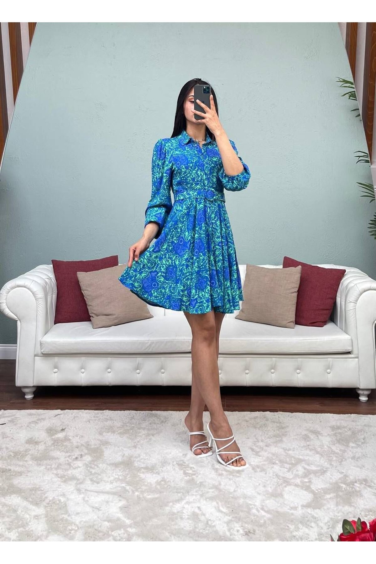 3065-YEŞİL VOLANLI KISA VİSKON ELBİSE