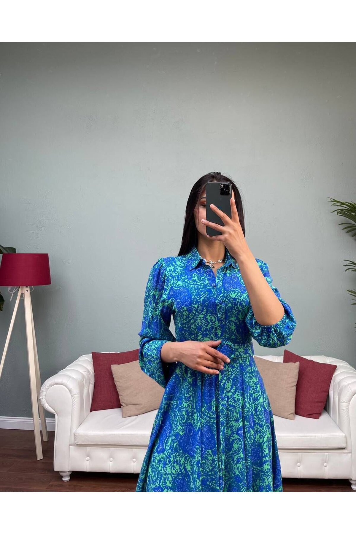 3065-YEŞİL VOLANLI KISA VİSKON ELBİSE