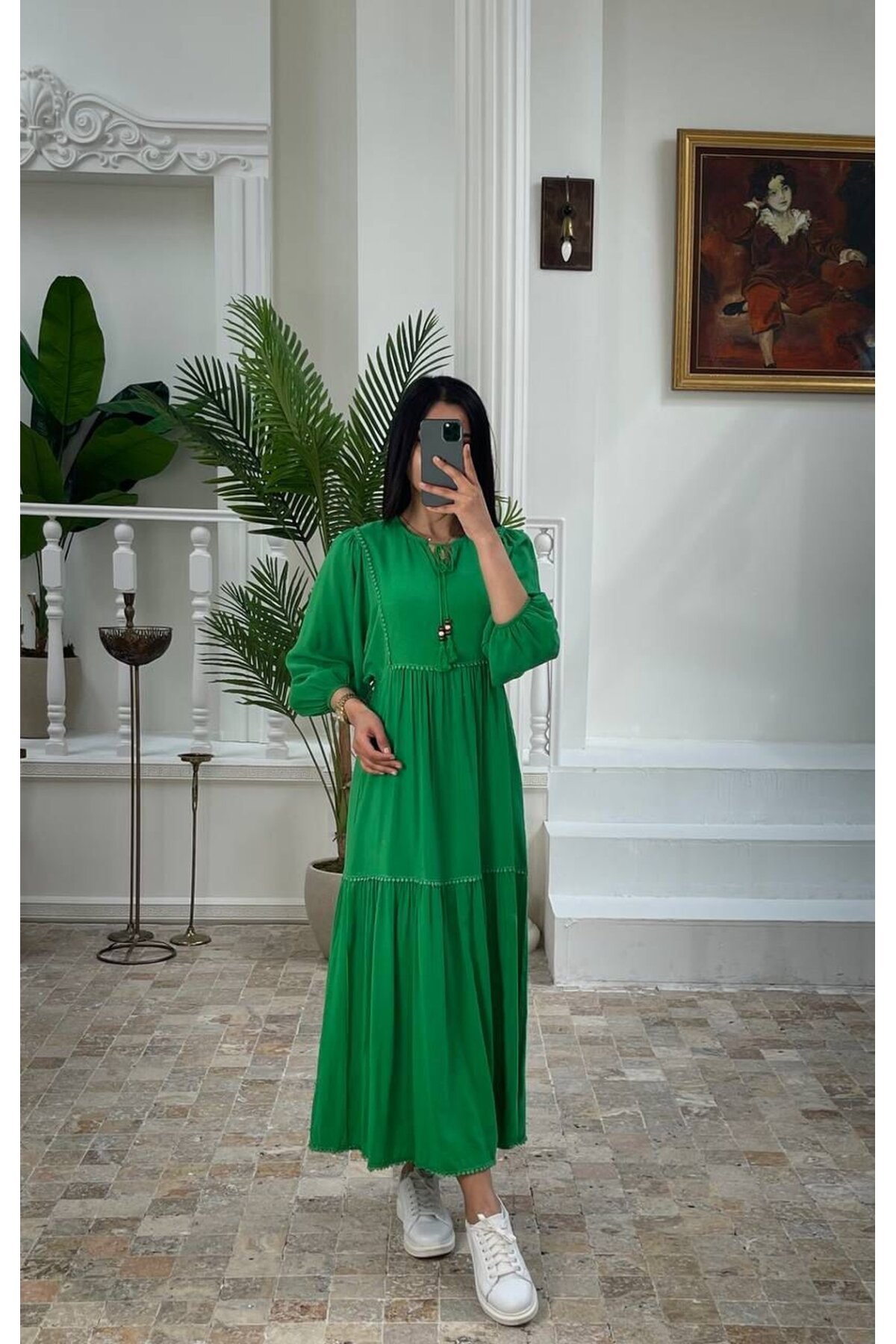 3078-YEŞİL KETEN KUMAŞ SALAŞ ELBİSE