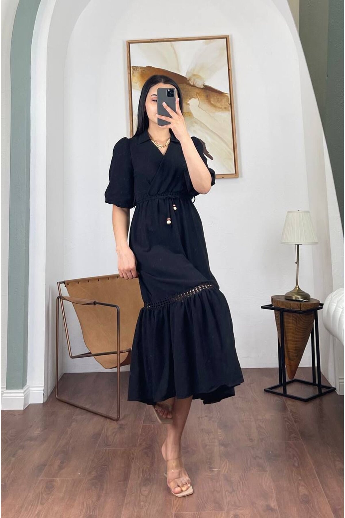 3079-SİYAH DÜZ KETEN ALT DANTEL DETAYLI ELBİSE