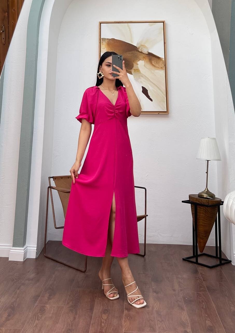 3084-FUŞYA V YAKA DÜZ ELBİSE