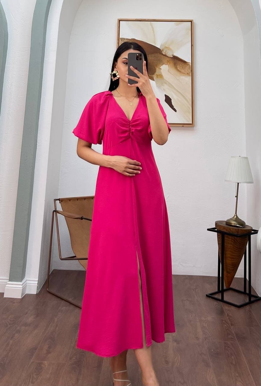 3084-FUŞYA V YAKA DÜZ ELBİSE