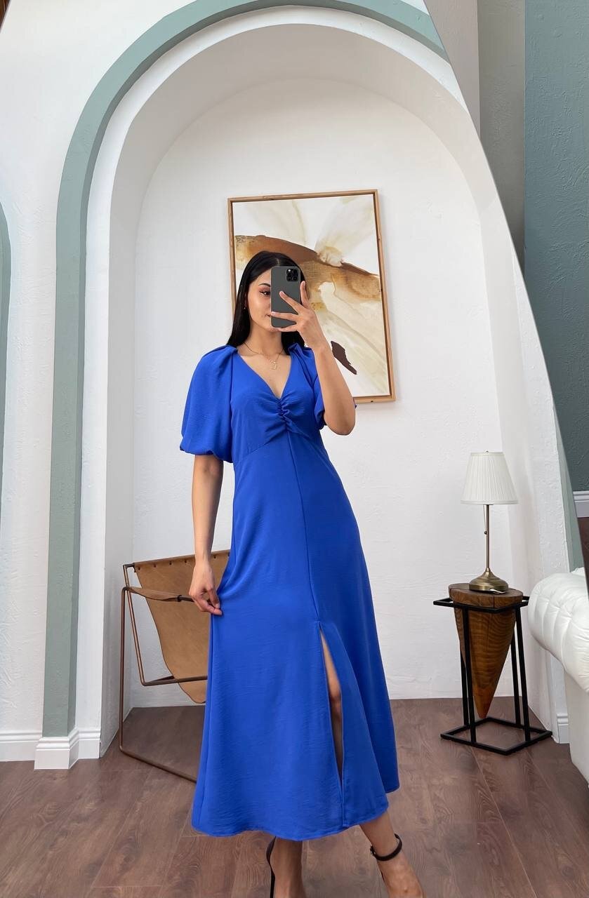 3084-SAKS V YAKA DÜZ ELBİSE