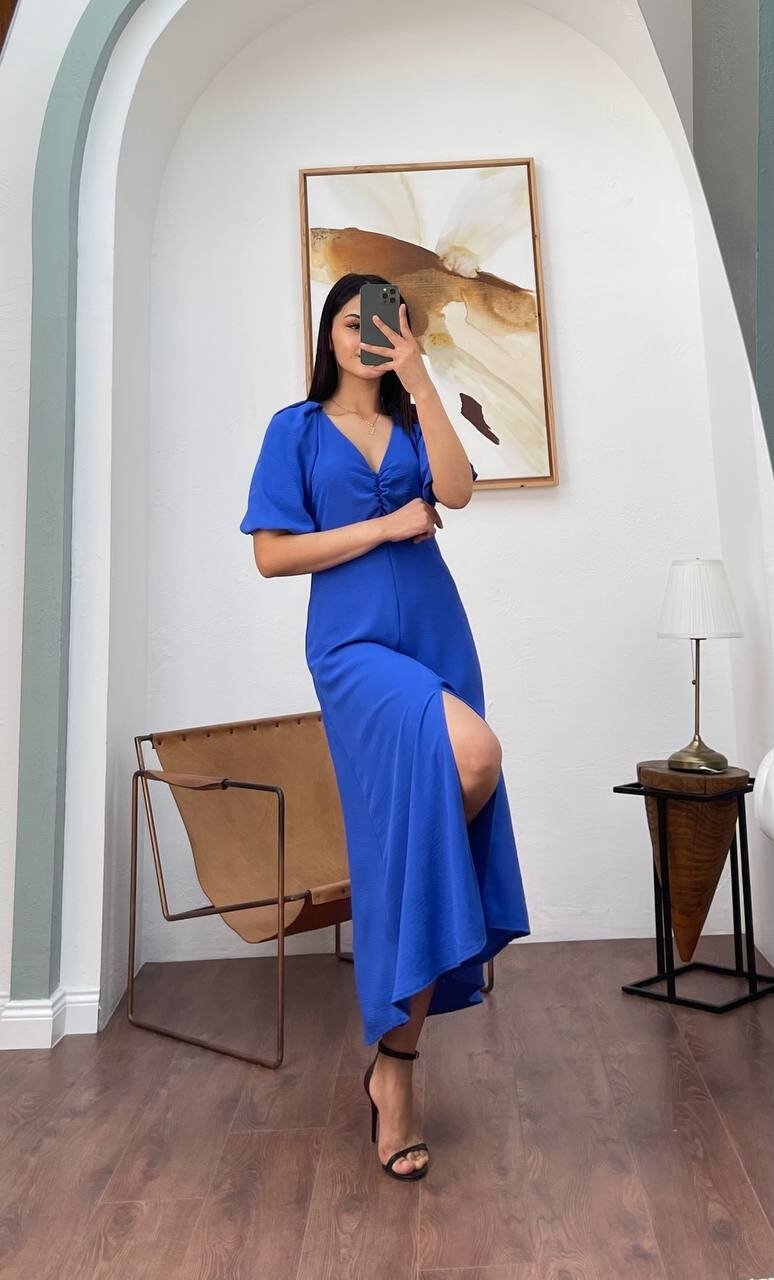 3084-SAKS V YAKA DÜZ ELBİSE