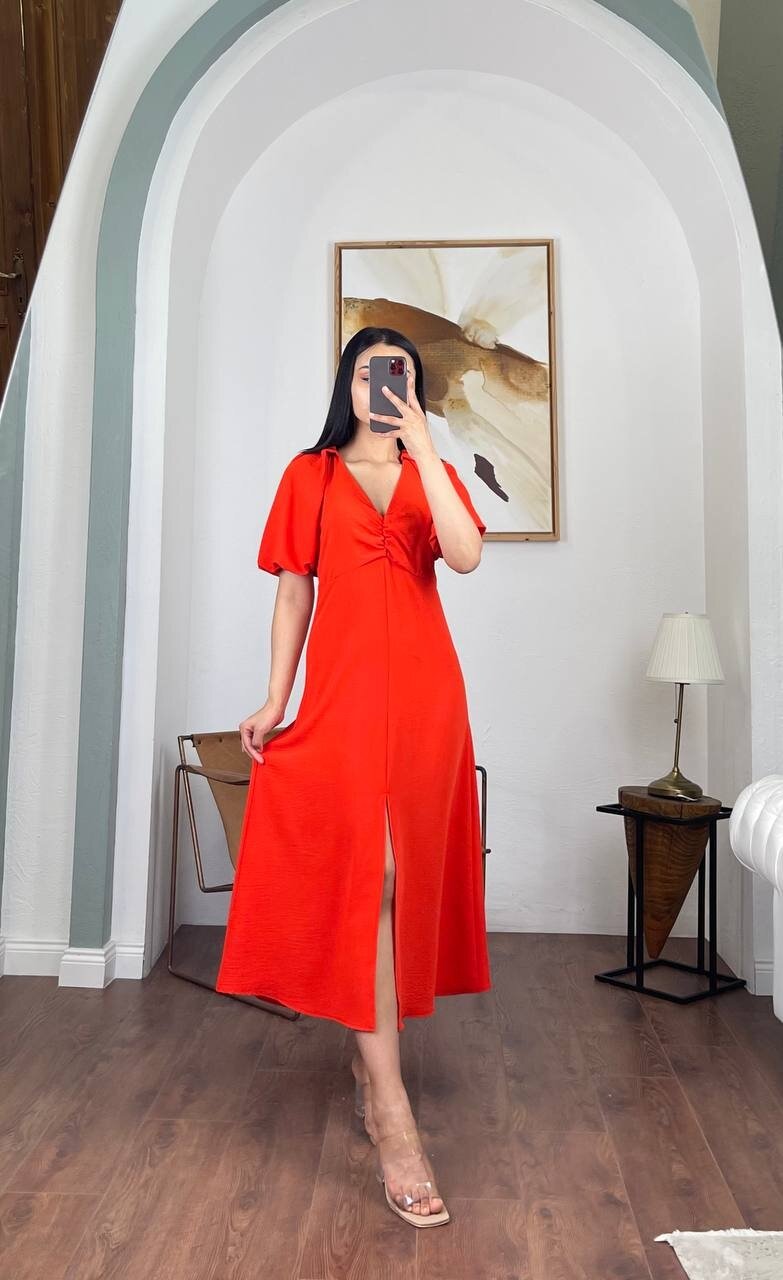 3084-TURUNCU V YAKA DÜZ ELBİSE