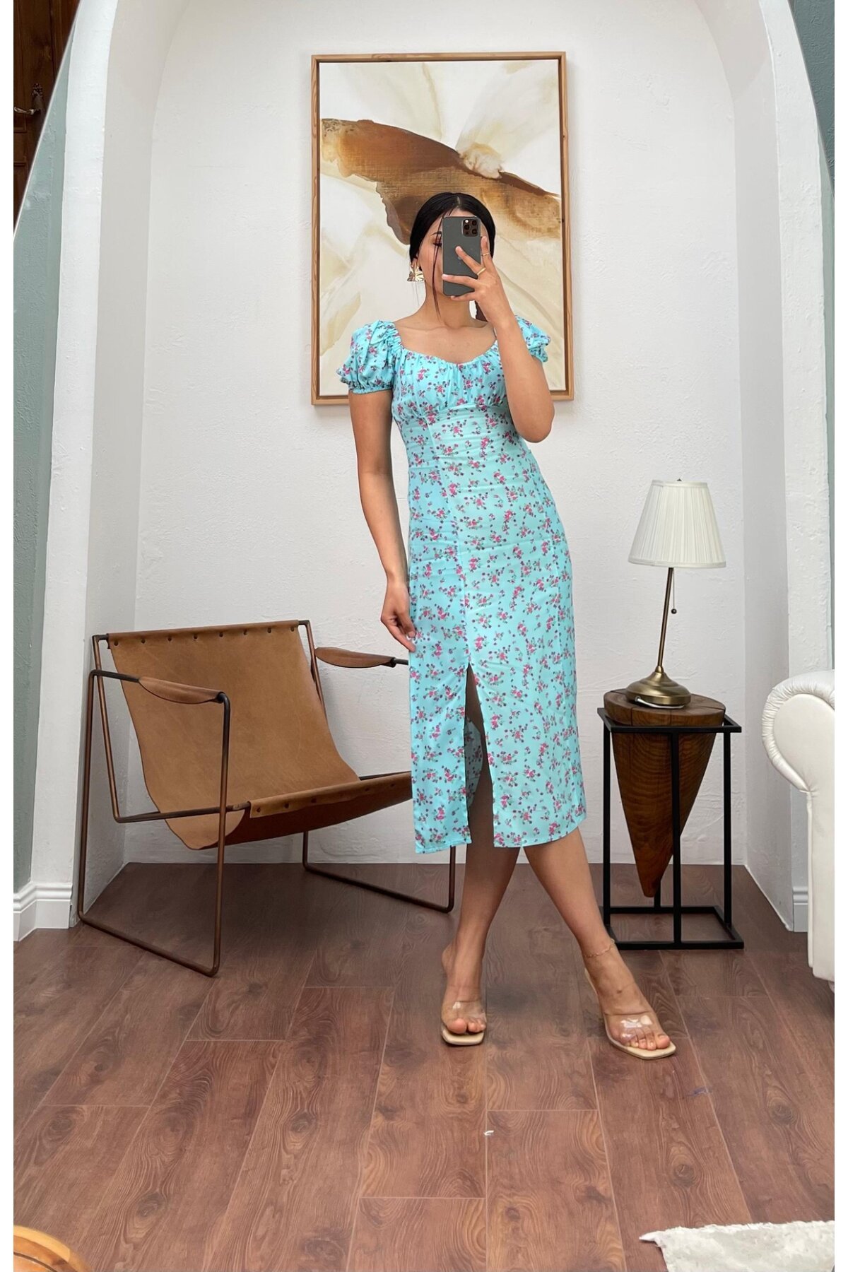 3092-MAVİ ÇITIR DESEN UZUN VİSKON ELBİSE