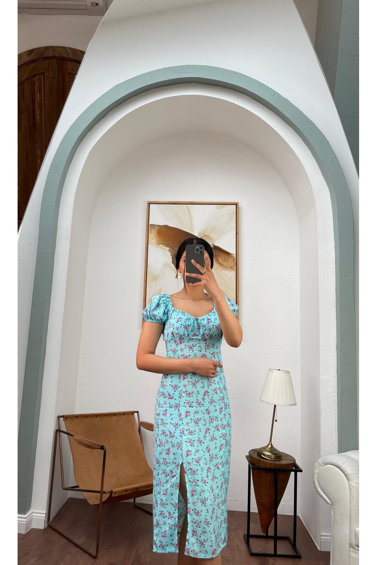 3092-MAVİ ÇITIR DESEN UZUN VİSKON ELBİSE