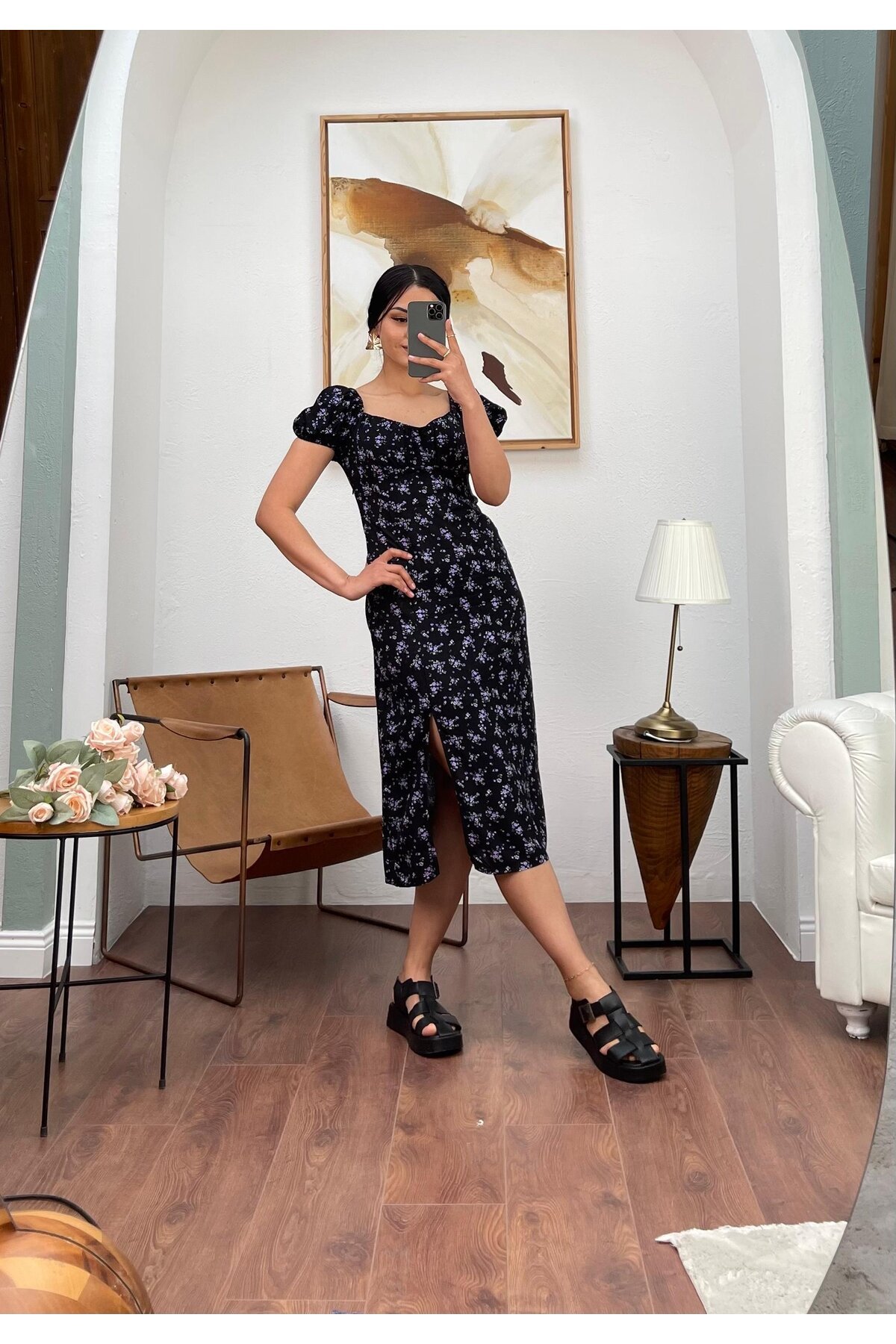 3092-SİYAH ÇITIR DESEN UZUN VİSKON ELBİSE