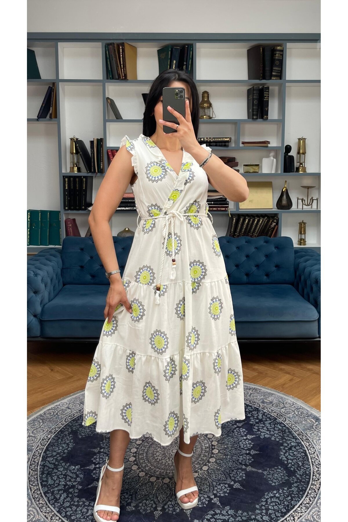 3098-OLİV SIFIR KOL KRİNKIL ÇİÇEK DESEN ELBİSE