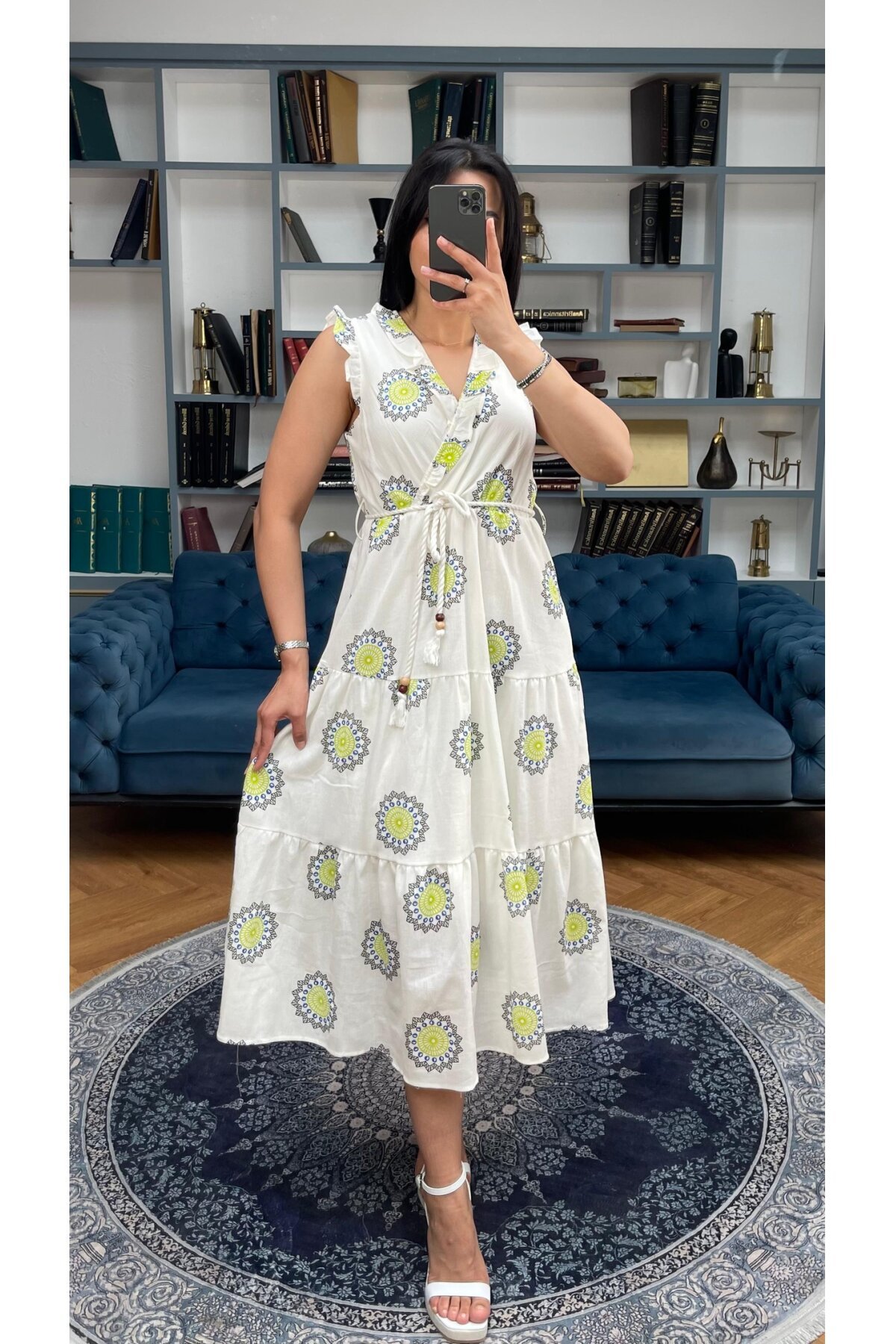 3098-OLİV SIFIR KOL KRİNKIL ÇİÇEK DESEN ELBİSE