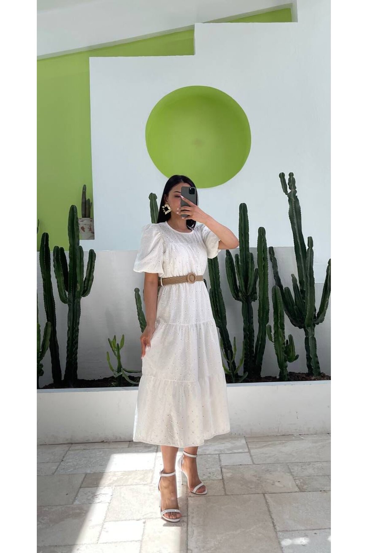 3140-BEYAZ FİSTO KUMAŞ HASIR KEMERLİ ELBİSE