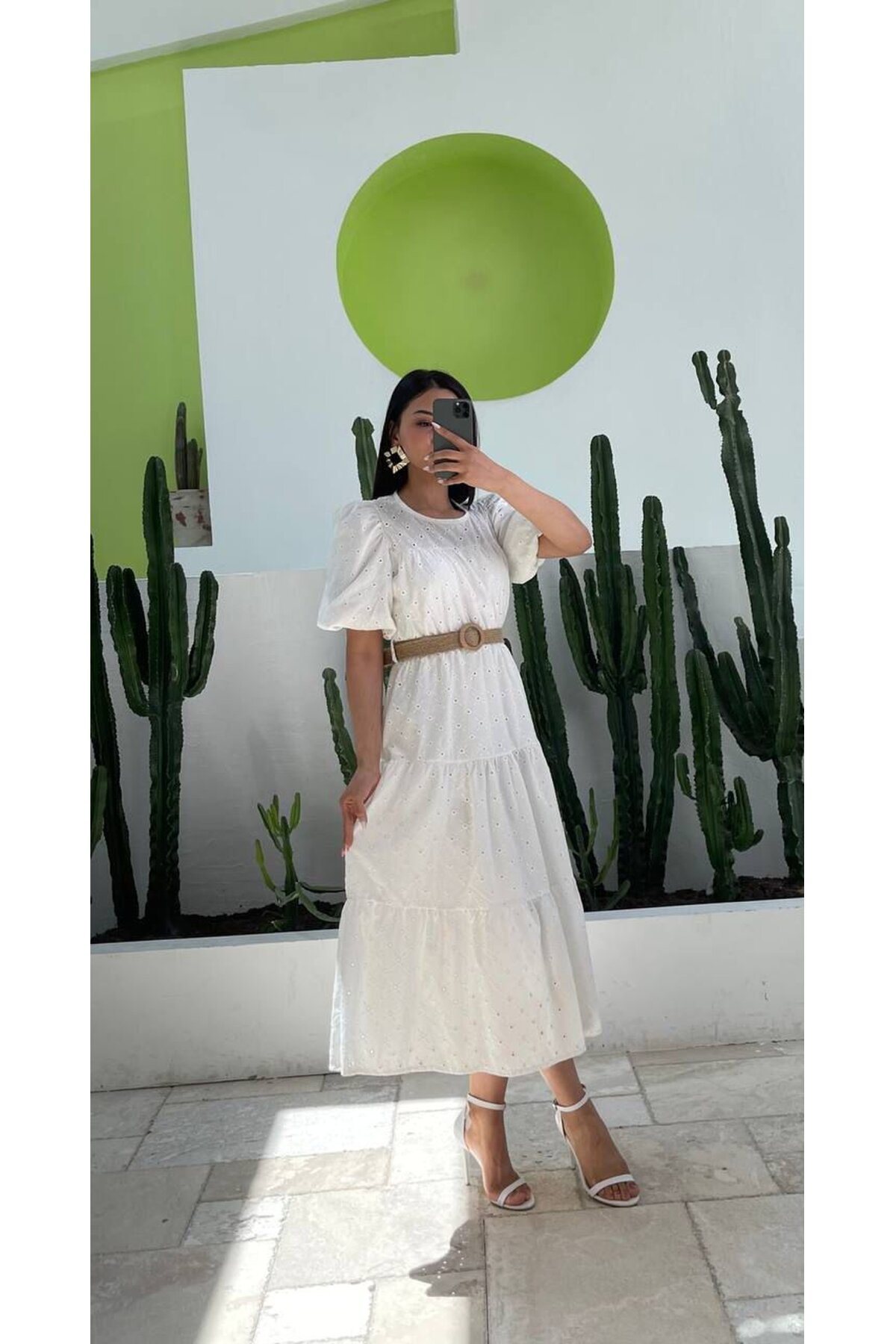 3140-BEYAZ FİSTO KUMAŞ HASIR KEMERLİ ELBİSE