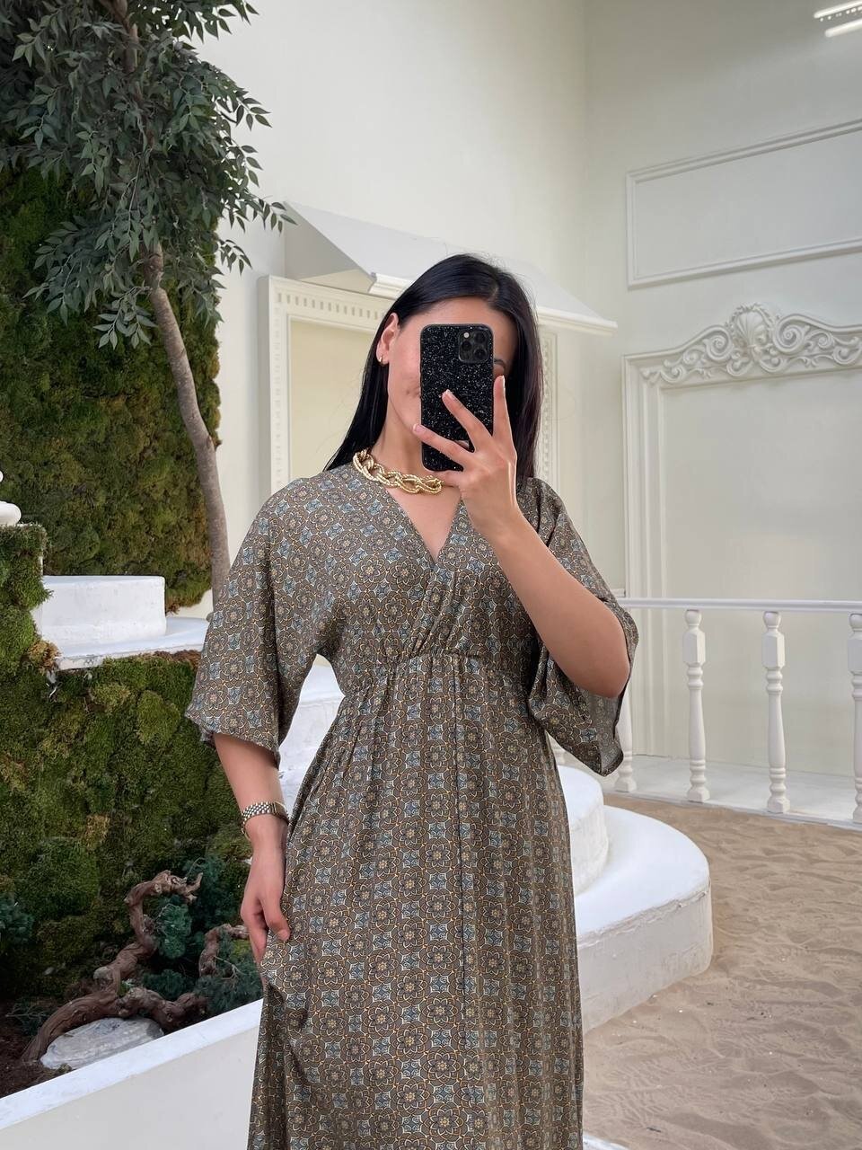 3154-HAKİ ÇITIR DESEN ELBİSE