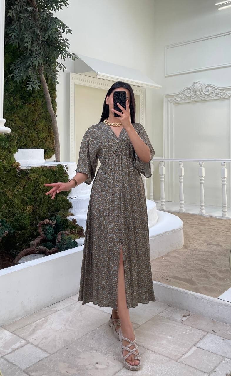 3154-HAKİ ÇITIR DESEN ELBİSE