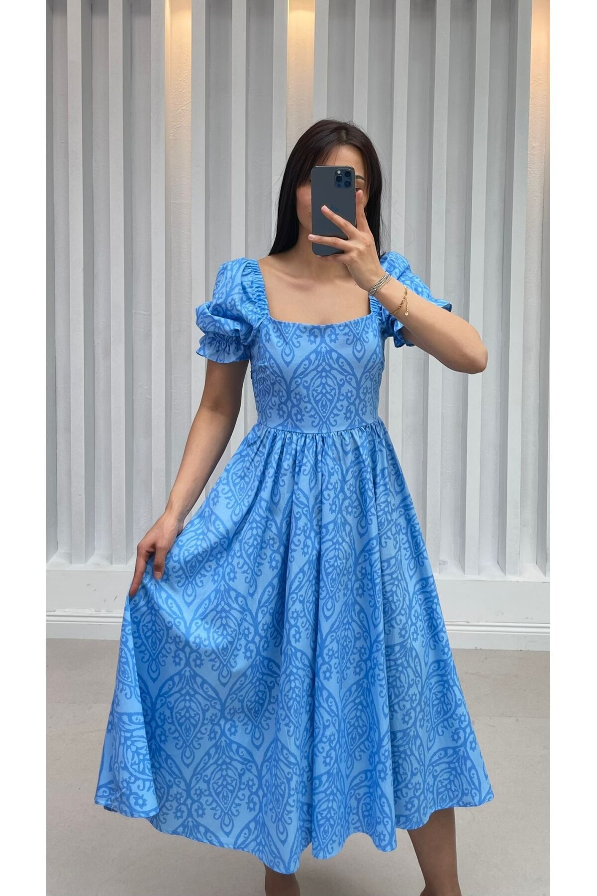 3161-MAVİ POPLİN KUMAŞ GÖĞÜS LASTİKLİ ELBİSE