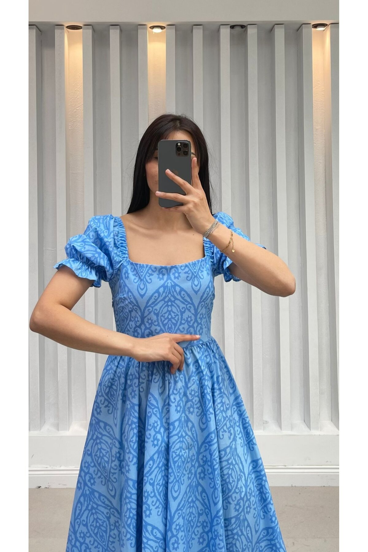 3161-MAVİ POPLİN KUMAŞ GÖĞÜS LASTİKLİ ELBİSE